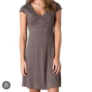 Toad&Co Rosemarie Dress Size S Tan Beige Printed V-Neck A-line Cap Sleeve